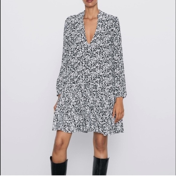 Zara Printed Mini Swing Dress 3/4-sleeve Tiered V-neck Size S - Picture 4 of 10